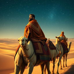 The three magi of the east, riding along on their majestic camels through an expansive desert under a sparkling starlit sky