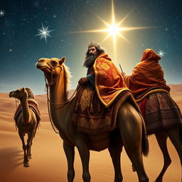 The three magi of the east, riding along on their majestic camels through an expansive desert under a sparkling starlit sky