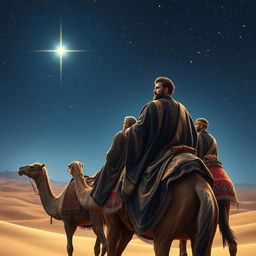 The three magi of the east, riding along on their majestic camels through an expansive desert under a sparkling starlit sky