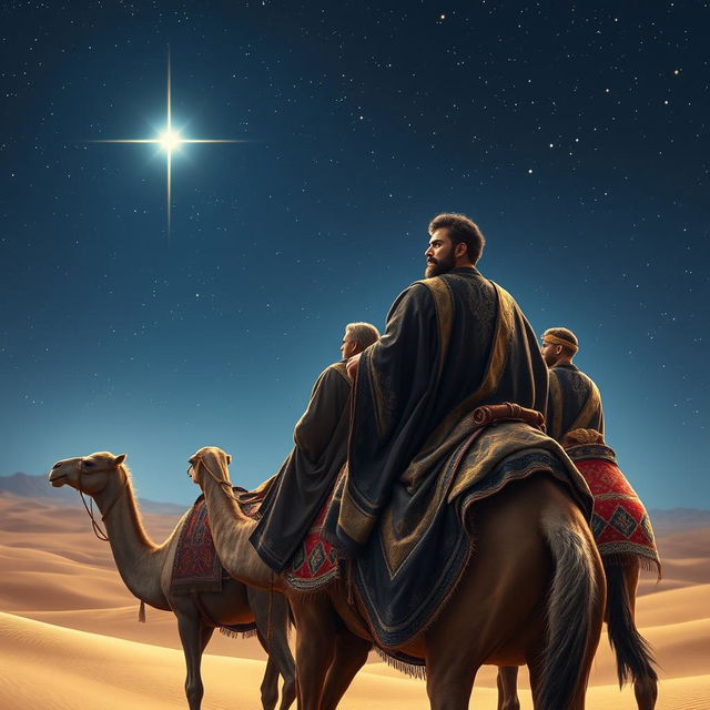 The three magi of the east, riding along on their majestic camels through an expansive desert under a sparkling starlit sky