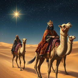 The three magi of the east, riding along on their majestic camels through an expansive desert under a sparkling starlit sky