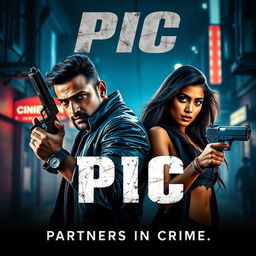 An action-packed romantic film poster featuring a male and female Indian criminal couple, both holding guns