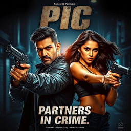 An action-packed romantic film poster featuring a male and female Indian criminal couple, both holding guns