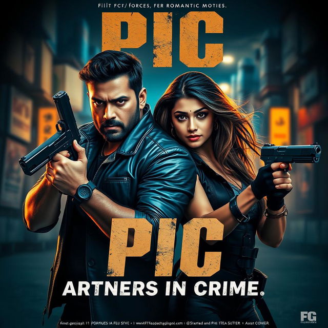 An action-packed romantic film poster featuring a male and female Indian criminal couple, both holding guns