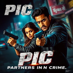 An action-packed romantic film poster featuring a male and female Indian criminal couple, both holding guns