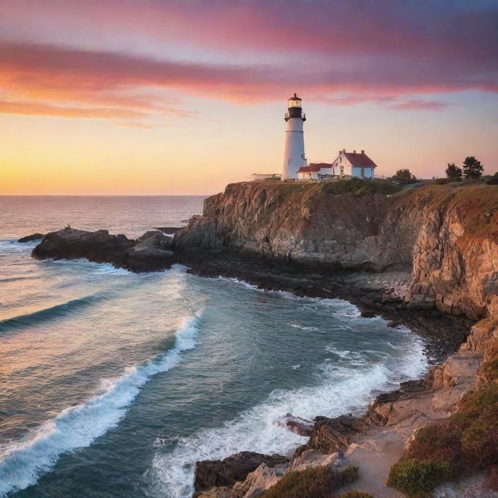 A serene, calming view of an old lighthouse perched along a rugged coastline, with the sun setting in a splendid array of colors.