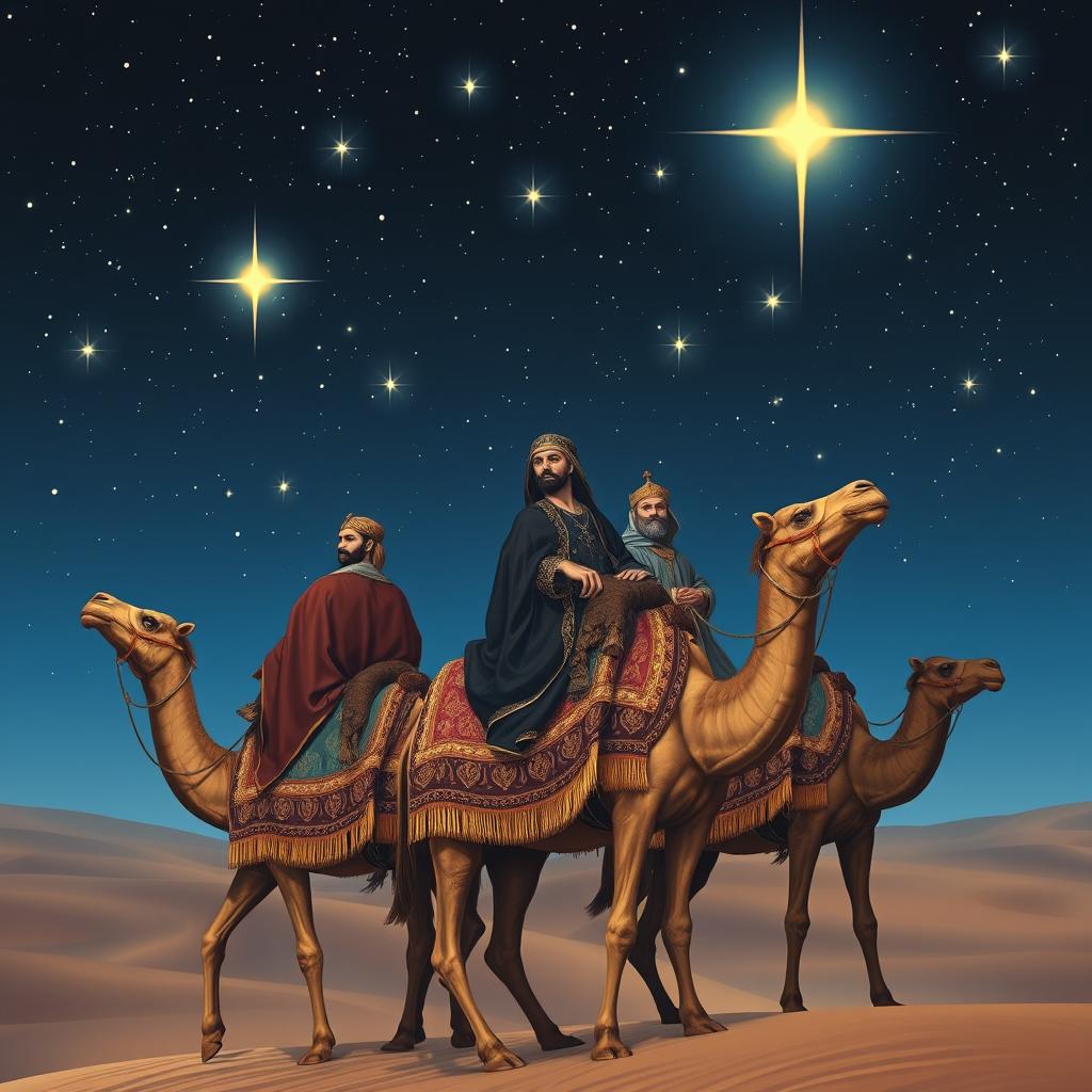 The Three Wise Men of the East riding camels under a starry sky