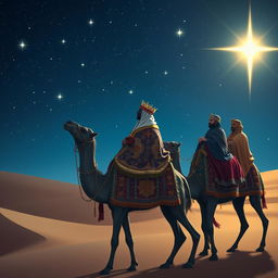 The Three Wise Men of the East riding camels under a starry sky