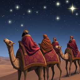 The Three Wise Men of the East riding camels under a starry sky