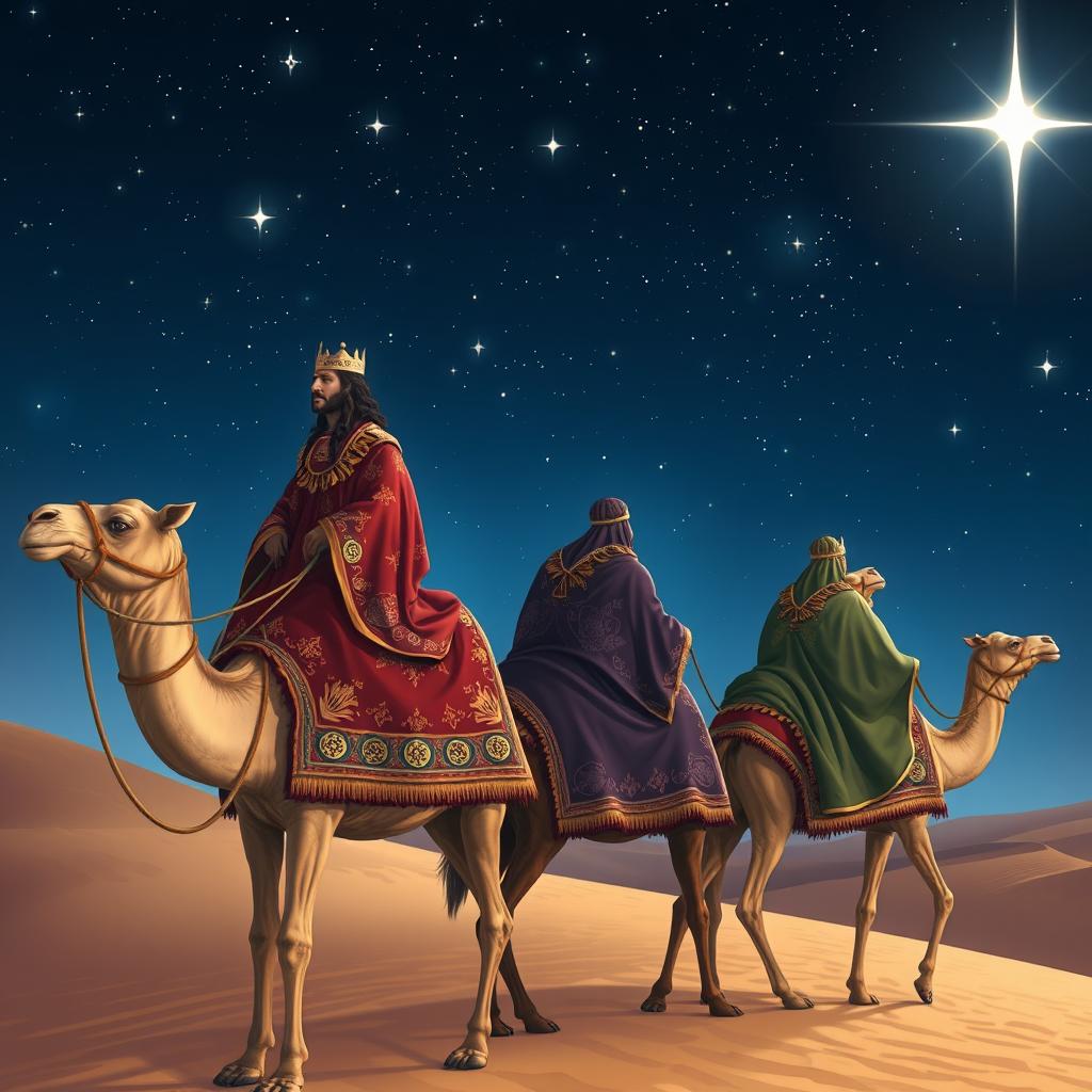 The Three Wise Men of the East riding camels under a starry sky