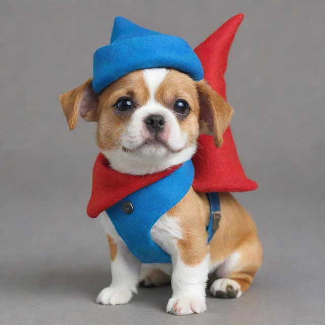 A charming dog, with a vibrant blue collar and a playful red hat, carrying a tiny gnome figure on its back.