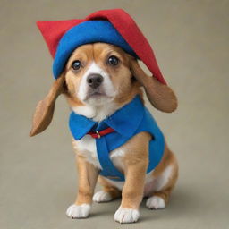 A charming dog, with a vibrant blue collar and a playful red hat, carrying a tiny gnome figure on its back.