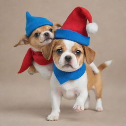 A charming dog, with a vibrant blue collar and a playful red hat, carrying a tiny gnome figure on its back.