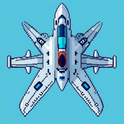 A futuristic airplane represented in pixel art style, viewed from above