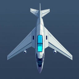 A futuristic airplane represented in pixel art style, viewed from above