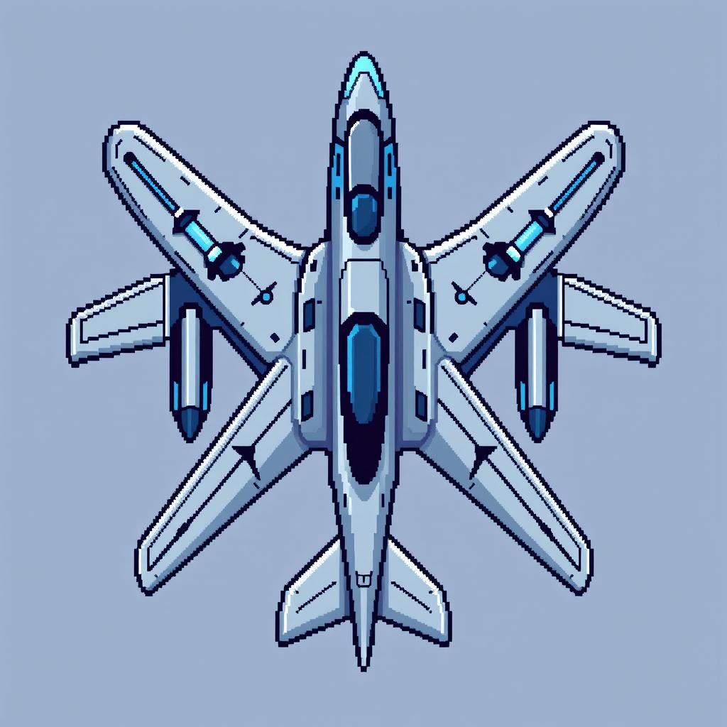 A futuristic airplane represented in pixel art style, viewed from above
