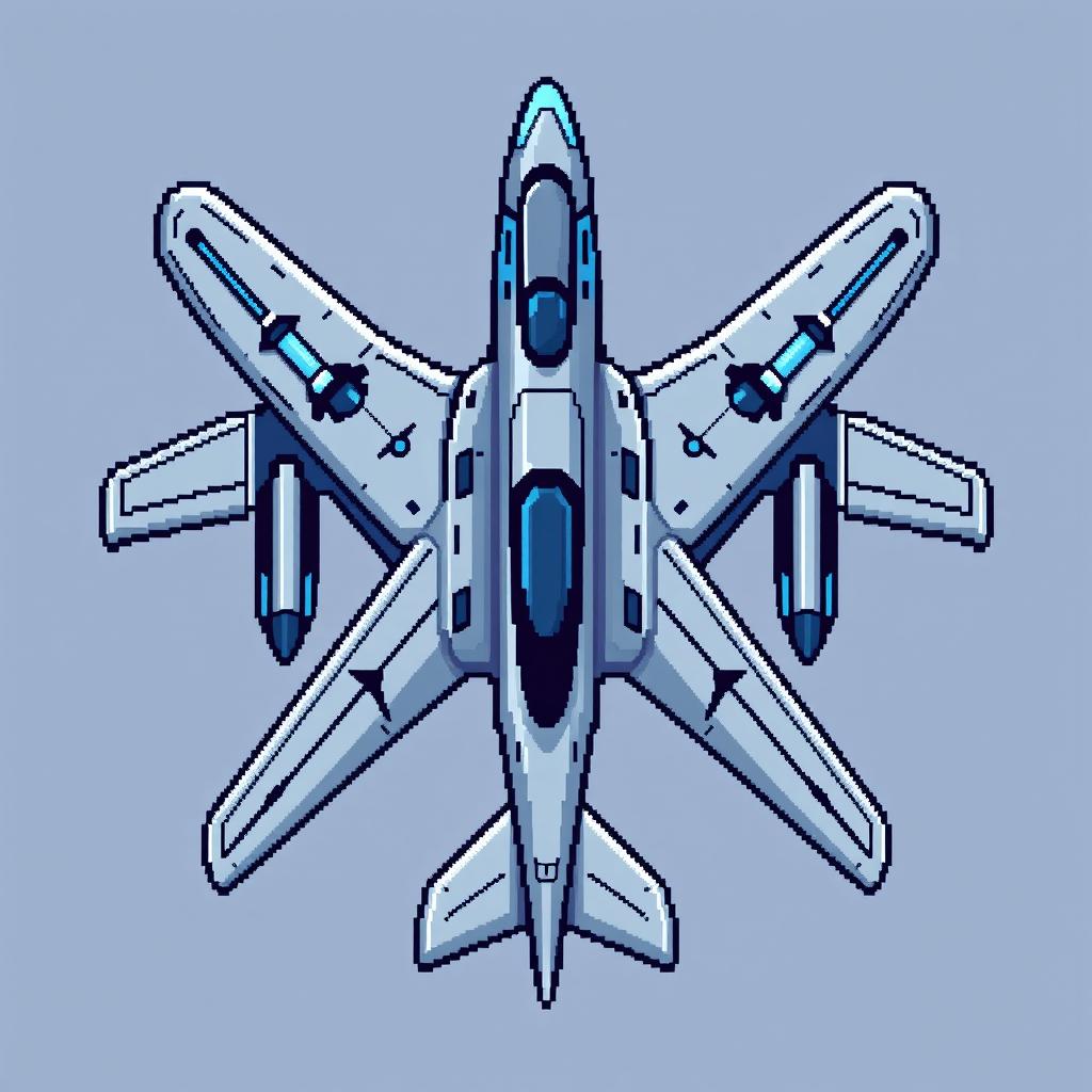 A futuristic airplane represented in pixel art style, viewed from above