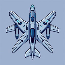 A futuristic airplane represented in pixel art style, viewed from above