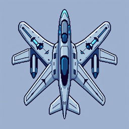 A futuristic airplane represented in pixel art style, viewed from above