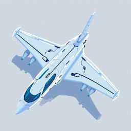 A futuristic airplane represented in pixel art style, viewed from above