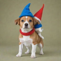 A charming dog, with a vibrant blue collar and a playful red hat, carrying a tiny gnome figure on its back.