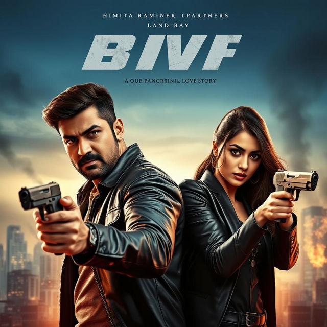 An action romantic film poster featuring a striking composition of a male and female Indian criminal partners