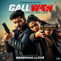 An action romantic film poster featuring a striking composition of a male and female Indian criminal partners