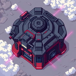 A futuristic turret designed in a top-down pixel art style, featuring a dark gray and red color scheme