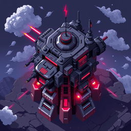 A futuristic turret designed in a top-down pixel art style, featuring a dark gray and red color scheme