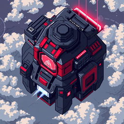 A futuristic turret designed in a top-down pixel art style, featuring a dark gray and red color scheme