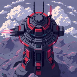 A futuristic turret designed in a top-down pixel art style, featuring a dark gray and red color scheme