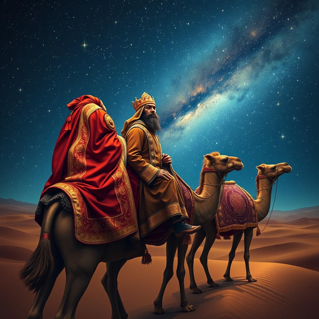 The Three Wise Men of the East journeying on their camels beneath a beautifully starry sky