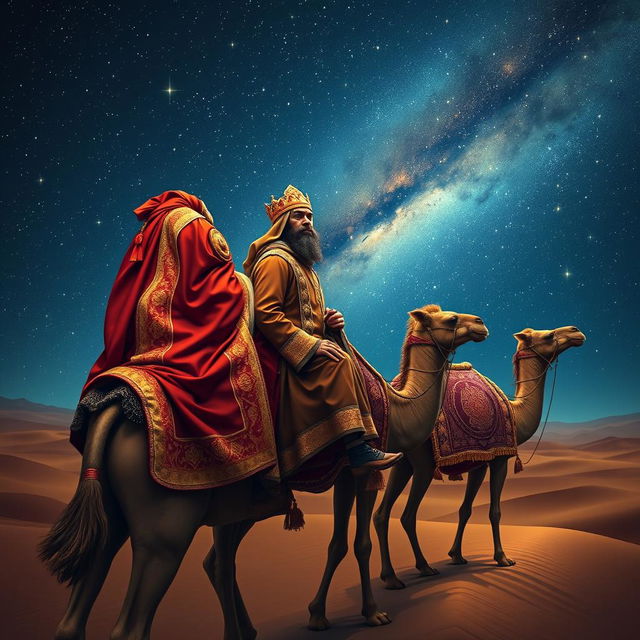 The Three Wise Men of the East journeying on their camels beneath a beautifully starry sky