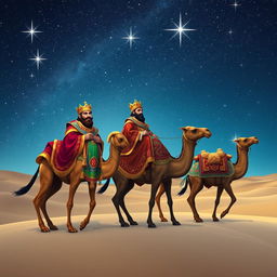 The Three Wise Men of the East journeying on their camels beneath a beautifully starry sky