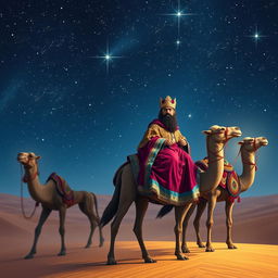 The Three Wise Men of the East journeying on their camels beneath a beautifully starry sky