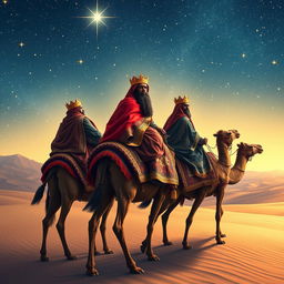 The Three Wise Men of the East journeying on their camels beneath a beautifully starry sky