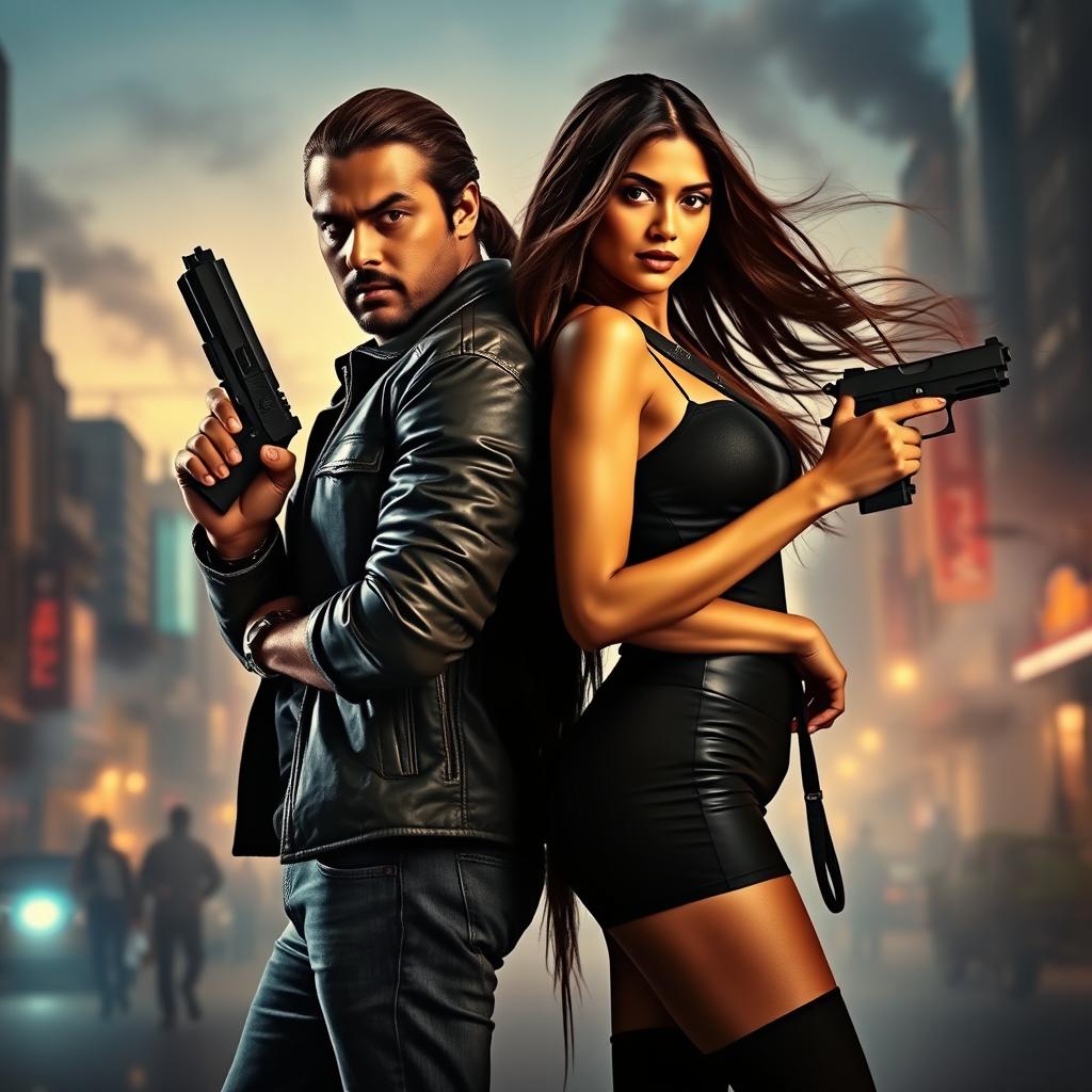 A dramatic film poster featuring a male and female Indian criminal couple posed confidently back-to-back, each holding a gun