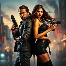 A dramatic film poster featuring a male and female Indian criminal couple posed confidently back-to-back, each holding a gun