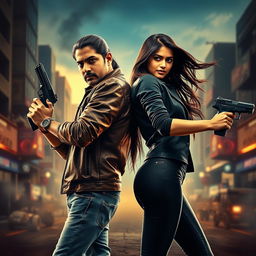 A dramatic film poster featuring a male and female Indian criminal couple posed confidently back-to-back, each holding a gun