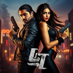 A dramatic film poster featuring a male and female Indian criminal couple posed confidently back-to-back, each holding a gun