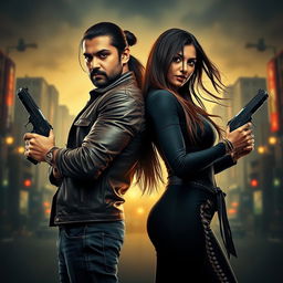 A dramatic film poster featuring a male and female Indian criminal couple posed confidently back-to-back, each holding a gun