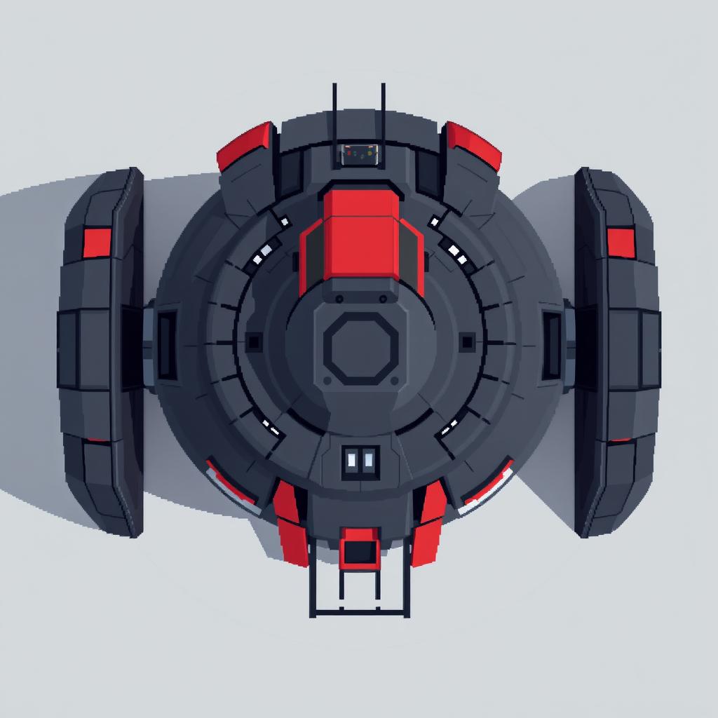 A top-down view of a futuristic turret designed in pixel art style