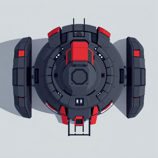 A top-down view of a futuristic turret designed in pixel art style