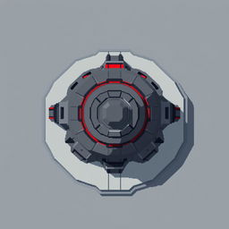 A top-down view of a futuristic turret designed in pixel art style