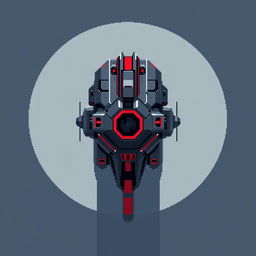 A top-down view of a futuristic turret designed in pixel art style