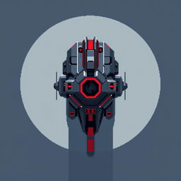 A top-down view of a futuristic turret designed in pixel art style