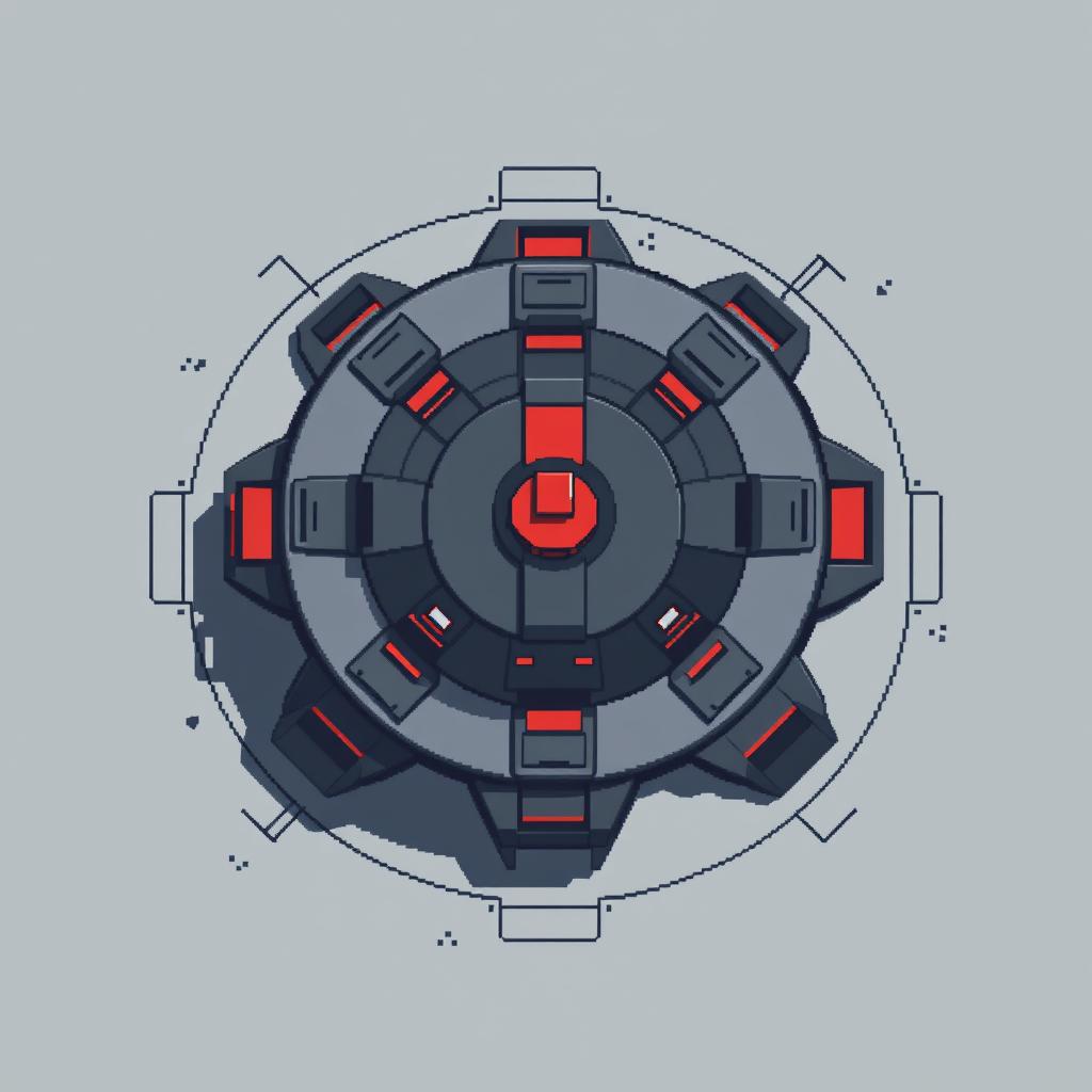 A top-down view of a futuristic turret designed in pixel art style