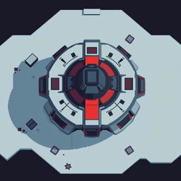 A top-down view of a futuristic turret designed in pixel art style