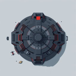 A top-down view of a futuristic turret designed in pixel art style