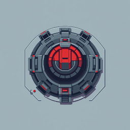 A top-down view of a futuristic turret designed in pixel art style